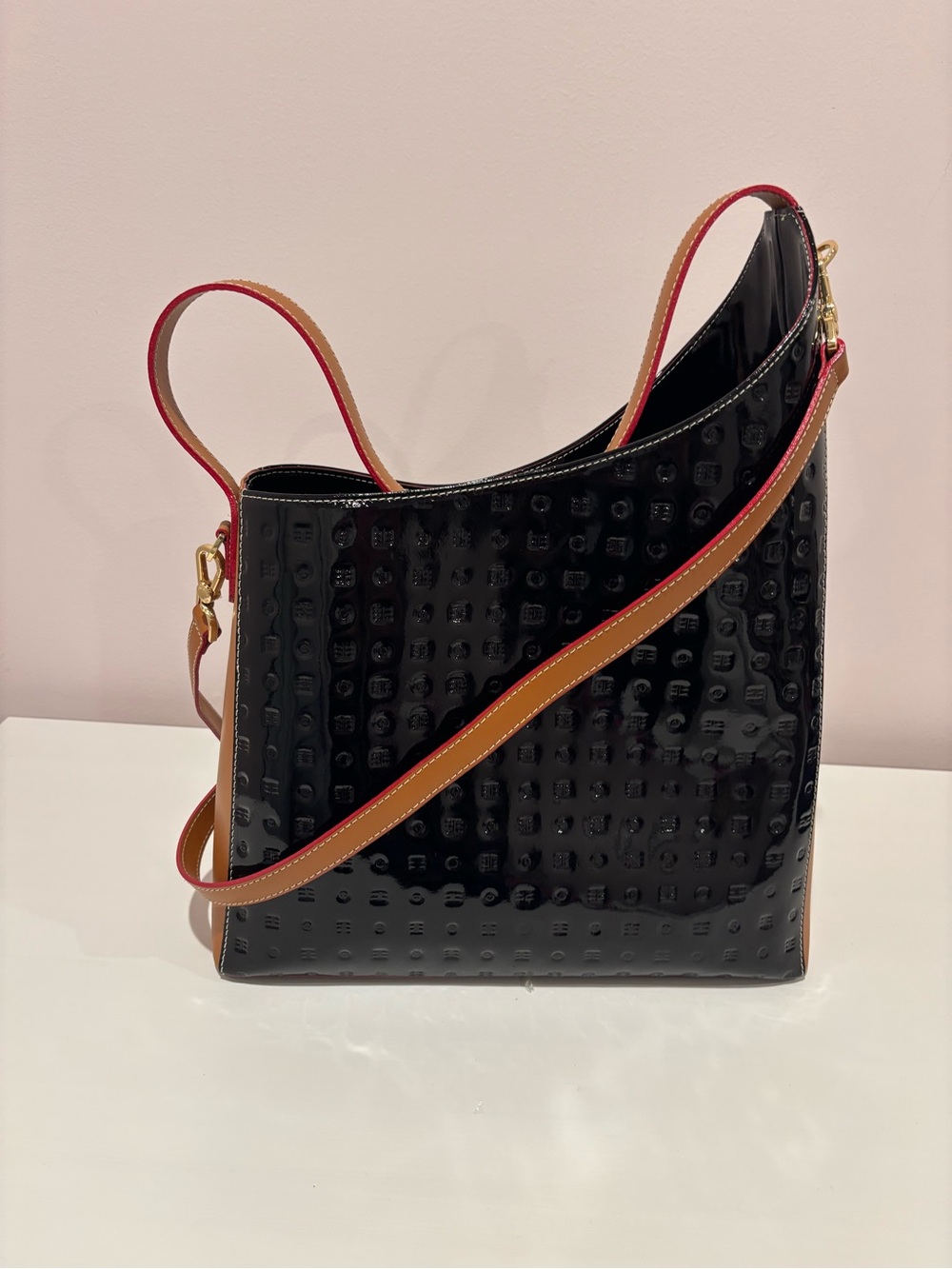 Arcadia Black Patent Logo Shoulder Bag Detachable Strap Gold HW Zip